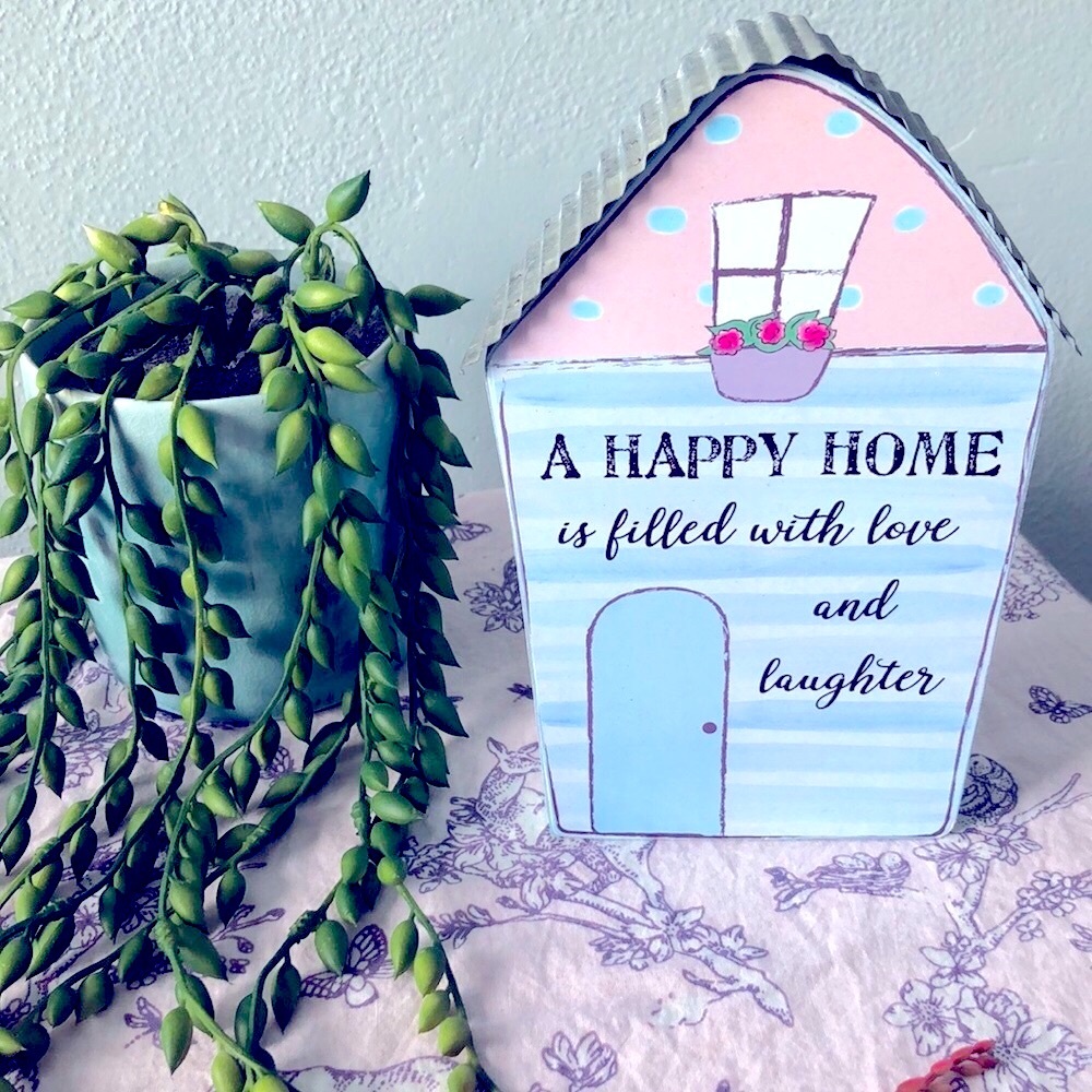 WOOD BLOCK HOUSE/TIN ROOF DECOR SIGN/SHELF SITTER